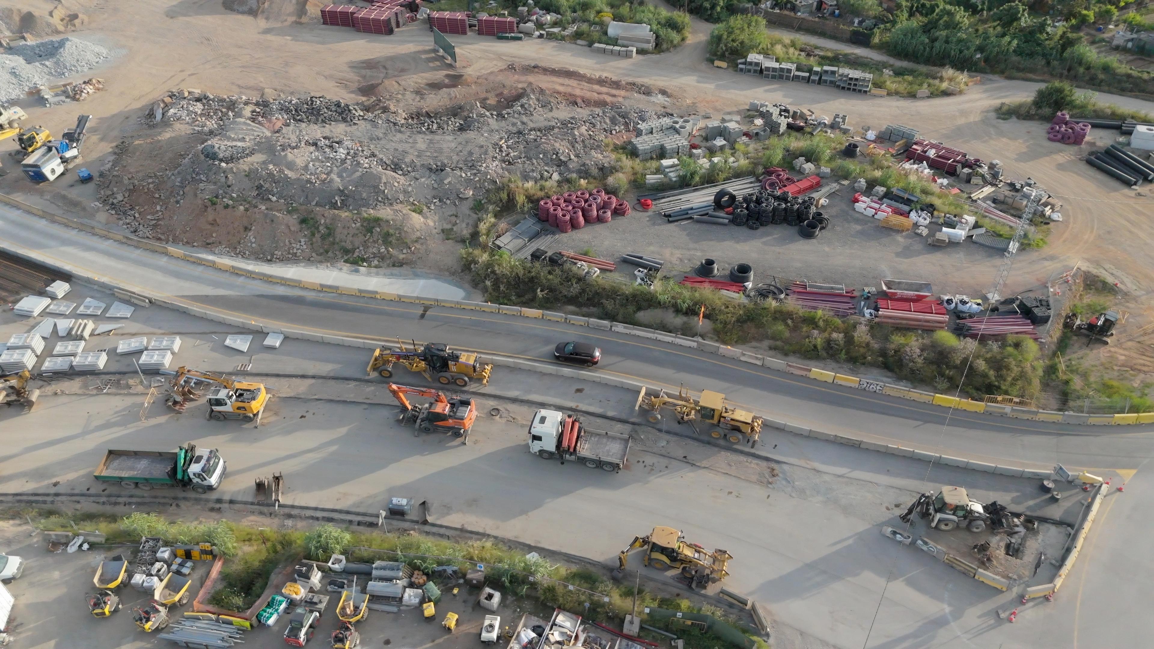 Aerial view of an active construction materials and infrastructure site